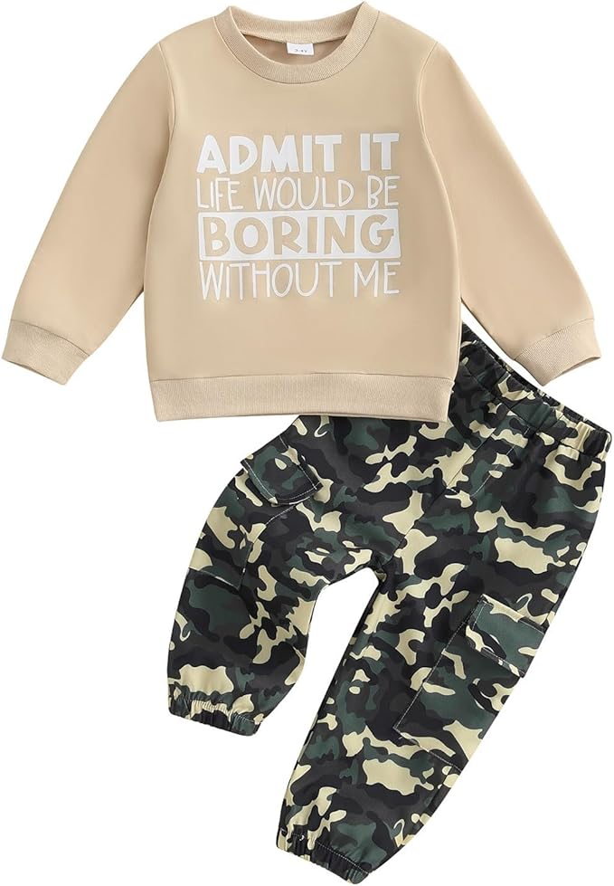 wdehow Toddler Kids Baby Boy Fall Outfits 1T 2T 3T 4T 5T Letter Print Long Sleeve Tops Camouflage Pants Winter Clothes Sets