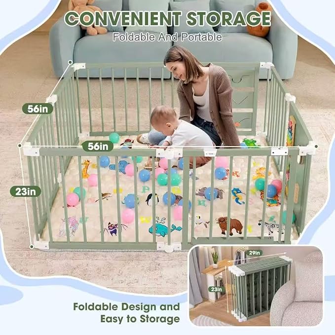 Foldable Wooden Baby Playpen with Soft Play Mat, Adjustable Playpen for Babies and Toddlers with 36 Colorful Balls, Portable Baby Fence Play Area Activity Center with Gate for Toddlers(56x56x23inches)