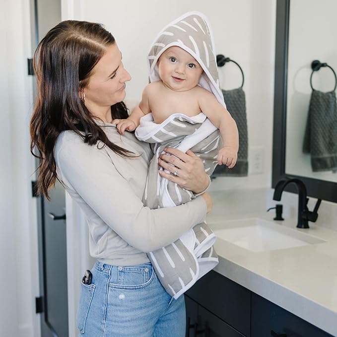 Mebie Baby Muslin Hooded Towel, Grey Dash, Cute Hooded Baby Bath Towel for Newborn, Infant & Toddler, Modern Baby Towels and Washcloths for Boy & Girl, Floral & Pattern Hooded Baby Towels