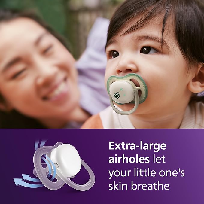 Philips Avent Ultra Air Nighttime Pacifiers - Orthodontic Design, for Babies 6-18 Months, Glow in The Dark, Soft Silicone Symmetrical Nipple, BPA-Free, with 2 Sterilizing Cases, 4 Pack, SCF376/37