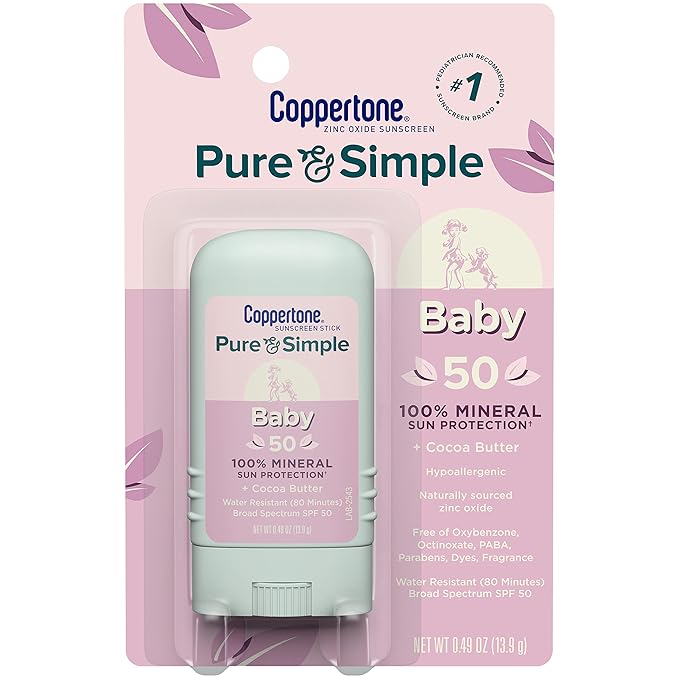 Coppertone Pure and Simple Baby Sunscreen Stick SPF 50, Zinc Oxide Mineral Sunscreen for Baby, Body and Face, 0.49 Oz Stick