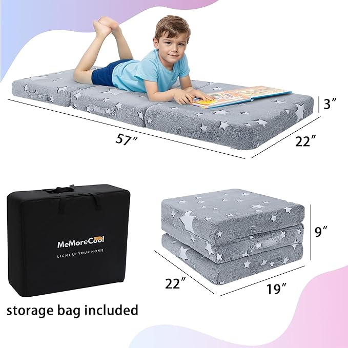MeMoreCool Foldable Floor Mattress for Kids, Glow Star Trifold Mat, Kids Folding Mattress Portable Futon, 57x22 Inch Grey