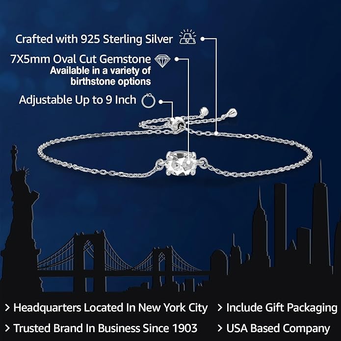 Gem Stone King 7X5MM Oval Gemstone Birthstone Solitaire Bracelet For Women | 925 Sterling Silver | Adjustable Bolo Bracelet For Women | Fine Jewelry Gifts for Her Mom Wife