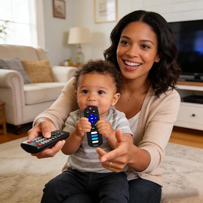 2-Pack Baby Teething Toys-TV Remote Control Shape Silicone Infants Teething Toys for Babies 0-18 Months,BPA-Free (Black+Pink)