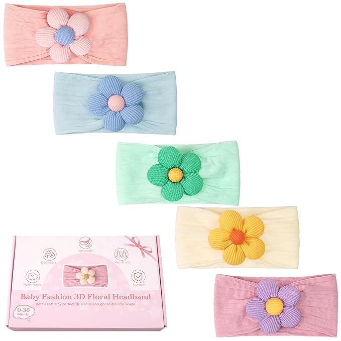 CÉLLOT 5 Pcs Baby Flower Headbands Baby Girls Nylon Headbands Soft Hairbands Hair Accessories for Newborn Infant Toddler Kids(Vibrant Color