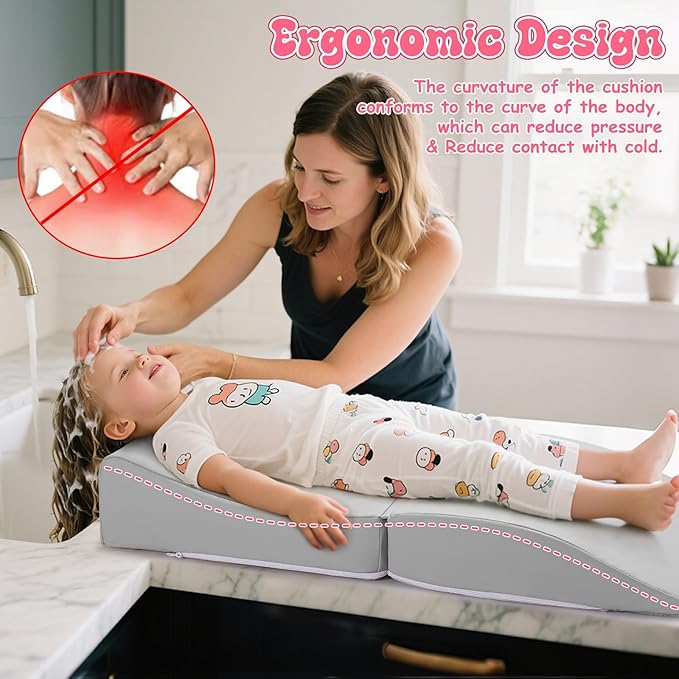 Noverlife Gray Hair Washing Station for Toddler, Ergonomic Design Shampoo Buddy Foam Mat Foldable Sink Hair Washing Neck Support, Comfortable Hair Washing Mat with Zippers Hair Washing Seat for Sink