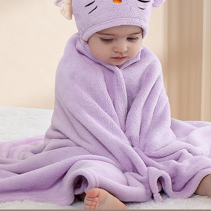 Toddler Bath Towel Baby Towels with Hood 27.5"X55" Ultra Absorbent Soft Bathrobe Blanket Kids Shower Towel for Girls and Boys(Purple-Cat)