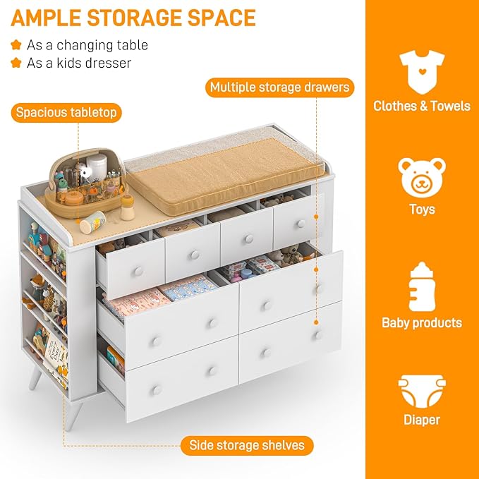 Vabches Kids Dresser Cabinet with 8 Drawers, Changing Table for Nursery, White Chest of Drawers with Open Shelving, Baby Dresser, Kids Bedroom Furniture, Nightstand for Child' s Room, White