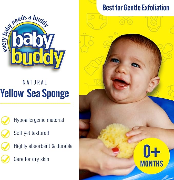 Baby Buddy Baby Bath 4in Yellow Sea Sponge, Absorbent Natural Sea Sponge, Soft on Tender Skin, Biodegradable, Hypoallergenic, Bath Accessories for Bathing, 1 Pack