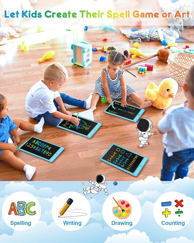 FLUESTON LCD Writing Tablet, 10 Inch Doodle Board Toys Gifts for 3-8 Year Old Girls Boys, Colorful Electronic Drawing Pad for Toddler, Valentines Gifts for Kids Educational Learning Travel Toy - Blue