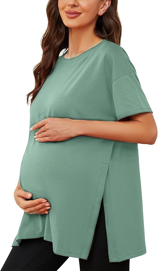 Ecavus Women's Casual Maternity Shirts Split Side Pregnancy Tops Blouses Short Sleeve Loose Fit Maternity Clothes
