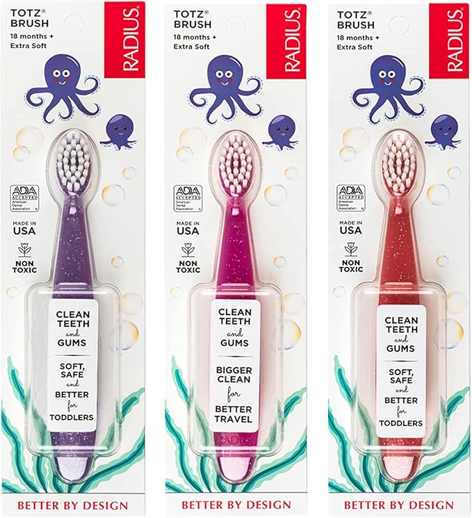 RADIUS Totz Toothbrush Extra Soft Brush BPA Free & ADA Accepted Designed for Delicate Teeth & Gums for Children 18 Months & Up - Purple Pink Coral - Pack of 3