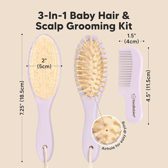 Baby Hair Brush Set for Newborns - Soft Goat Bristle Wooden Baby Brush and Comb Set Newborn Grooming Kit for Cradle Cap, Durable & Gentle, Boy, Girl Infant Essentials Care Kit (Oval, Thistle)