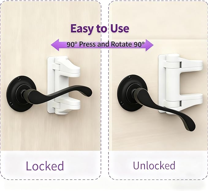 2-Pack Door Handle Baby Proof – Child Proof Door Lever Lock & Door Locks for Kids Safety, Stop Toddlers & Pets from Opening Doors – Easy One-Hand Use, No-Drill Adhesive – Fit Bath/Kitchen/Bedroom