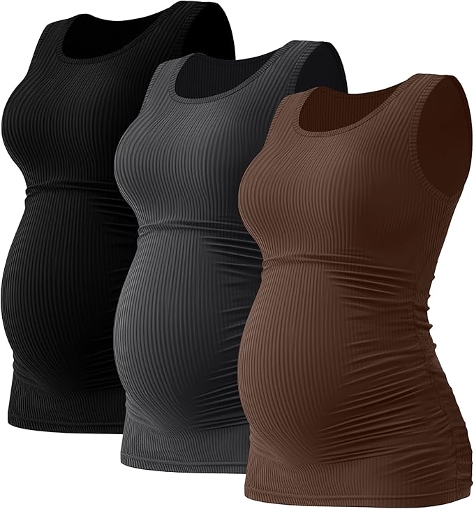 Riyiper 3 Pack Women's Maternity Tank Tops, Sleeveless Cotton Pregnancy Shirts Ribbed Knit Sides Ruched Basic Mama Clothes