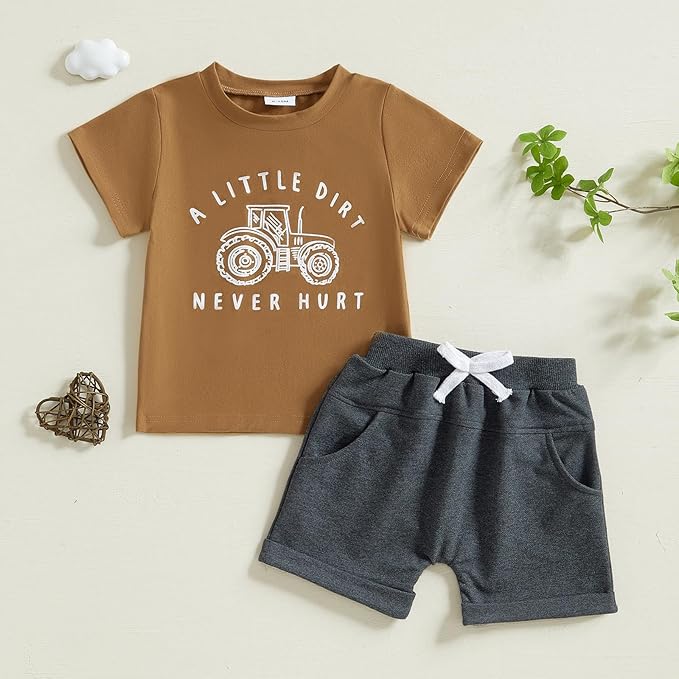 fhutpw Toddler Baby Boy Summer Clothes Tractor Letter Short Sleeve T-Shirt Tops Pockets Casual Shorts Set Infant Outfits