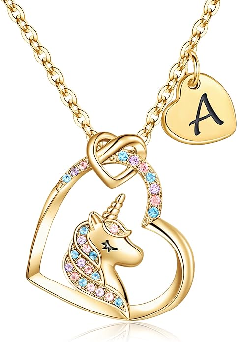 Hidepoo Valentines Gifts for Kids Girls - Unicorn Necklace Gifts for Teen Girls Kid, Colorful CZ Heart Pendant Initial Unicorn Necklaces for Girl Jewelry Birthday Gift for Girl Kid