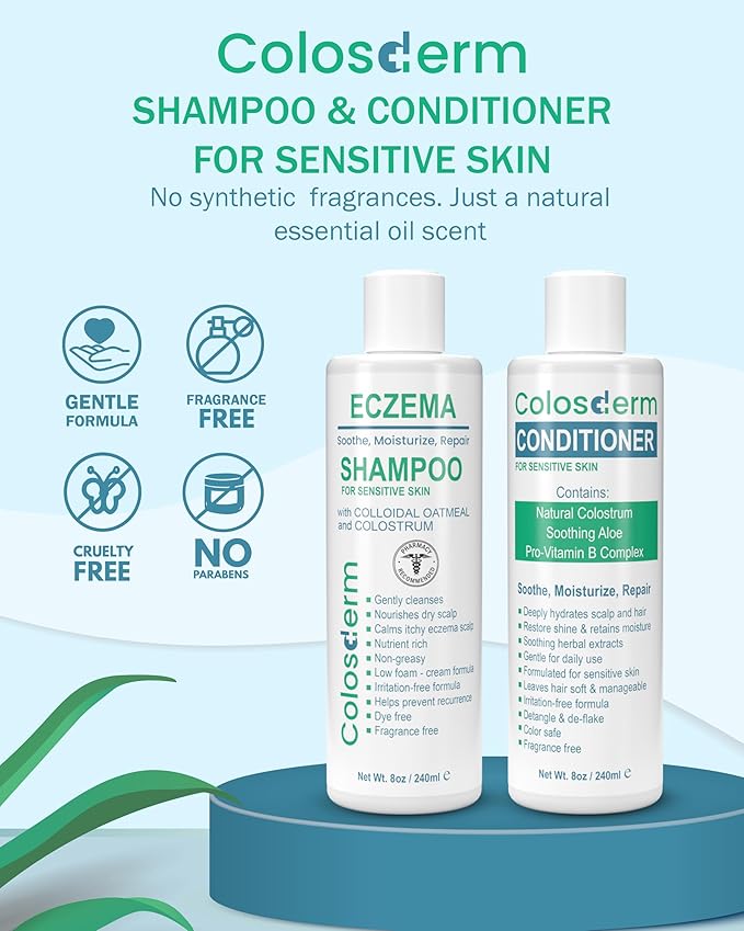 Eczema Cream Shampoo and Conditioner Scalp Treatment for Sensitive Skin for Kids & Adults- Colostrum & Colloidal Oatmeal -Itchy Scalp Anti Dandruff Shampoo for Women & Men, 16 fl oz, Made in USA