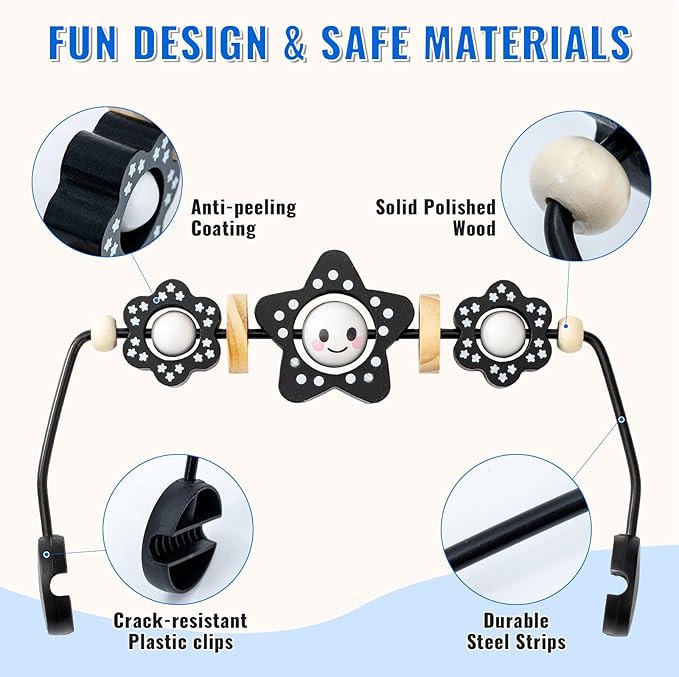 THE KENKYO Wooden Baby Bouncer Toy Bar Compatible with Baby Bjorn, Rotatable Bouncer Toy Attachment, Funny Sensory Toy for Newborn to Toddler, Easy to Attach and Remove (Black)