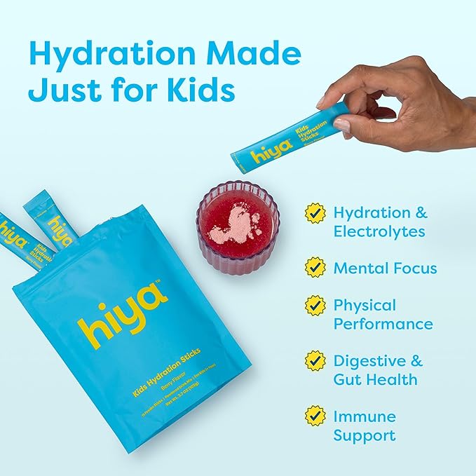 Hiya Kids Hydration with Electrolytes - Zero Added Sugar Berry Flavored Kids Hydration Packets - 15 Sticks - Travel-Friendly Drink Mix for Children Ages 2+