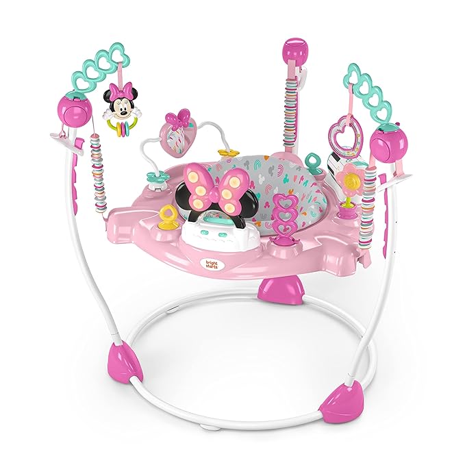 Bright Starts Disney Baby Minnie Mouse Forever Besties Baby Activity Center Jumper with 10 Toys, Lights & Sounds, 360-Degree Seat, 6-12 Months (Pink)