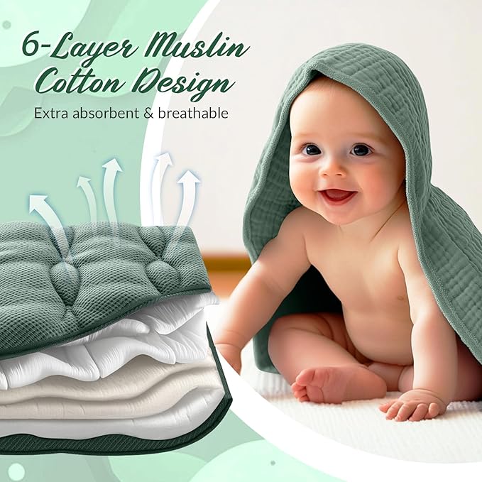 6 Pcs Muslin Hooded Bath Towels Washcloths and Bibs Set, Muslin Cotton Baby Towels Absorbent Hooded Blanket Towel Infant Bibs for Boys Girls Newborn Infant Essential(Dark Green, Beige)