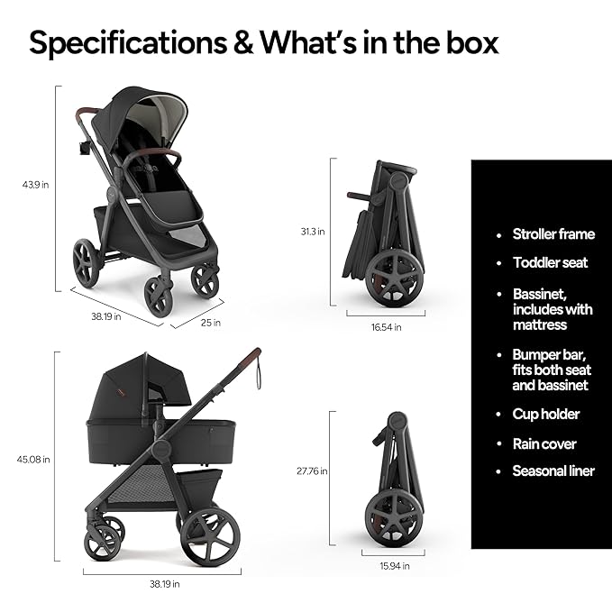 Mompush Ultimate 3 Full Size Baby Stroller with Bassinet from Newborn to 50 lbs - All-Terrain Large Wheels with Full Suspension, Reversible & Extendable Seat for Growing Kids, One-Second Compact Fold