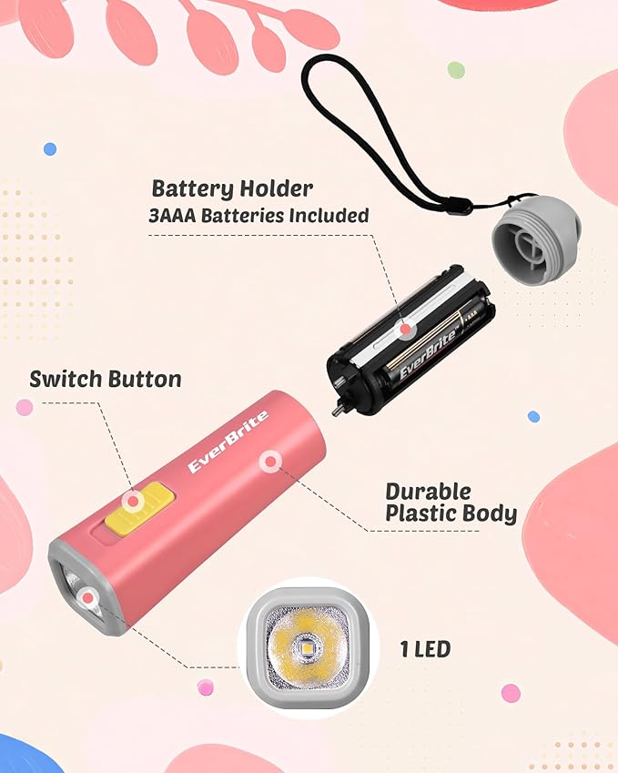EverBrite Small Flashlight, Mini LED Flashlight, Plastic Torch Use for Emergencies, Camping, Outdoor with Lanyard 3AAA Battery Included, Coral