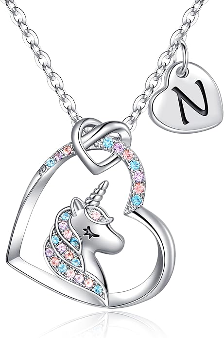 Hidepoo Valentines Gifts for Kids Girls - Unicorn Necklace Gifts for Teen Girls Kid, Colorful CZ Heart Pendant Initial Unicorn Necklaces for Girl Jewelry Birthday Gift for Girl Kid