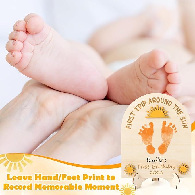 R HORSE 3D Baby's First Birthday Sunshine DIY Footprint or Handprint Art Sign, First Trip Around The Sun Wooden Hanging Decoration, Newborn Keepsake Craft Gift for 1st Birthday Baby Shower Photo Prop