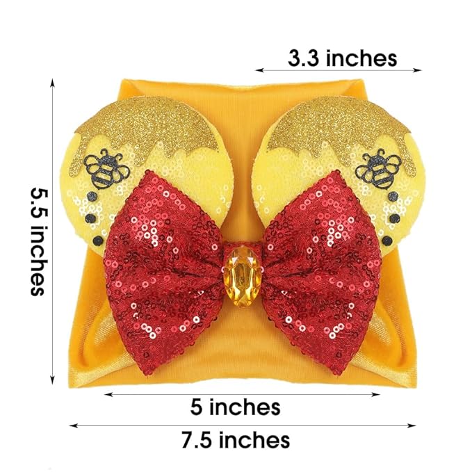 JIAHANG Baby Girl Mouse Ears Turban Headband with Bee, Yellow Sequin Bows Headwrap, Wide Hairband for Newborn Infant Toddler, Fashion Headwear Party Supplies