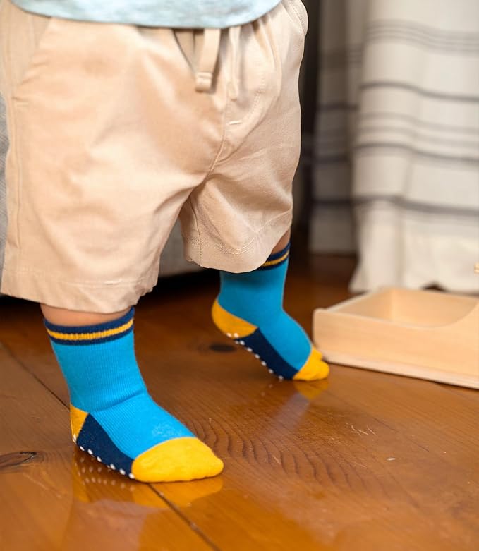 JAKIDAR 12 Pack Baby Toddler Socks Non Slip Grip Cotton Crew Socks for Boys Girls Infants Kids