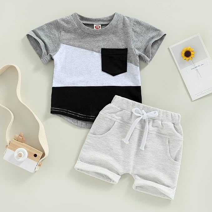 fhutpw Baby Toddler Boy Clothes Summer Outfits 6 12 18 24 Months Patchwork Short Sleeve T Shirt & Shorts Sets with Pockets