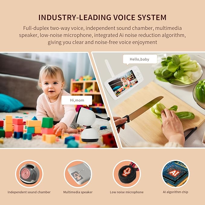 Smart Baby Monitor with 1080P Camera, Night Vision, 2-Way Audio & Cry Detection | No WiFi, Temp Sensor, 1000ft Range, Rechargeable Parent Unit for Nursery