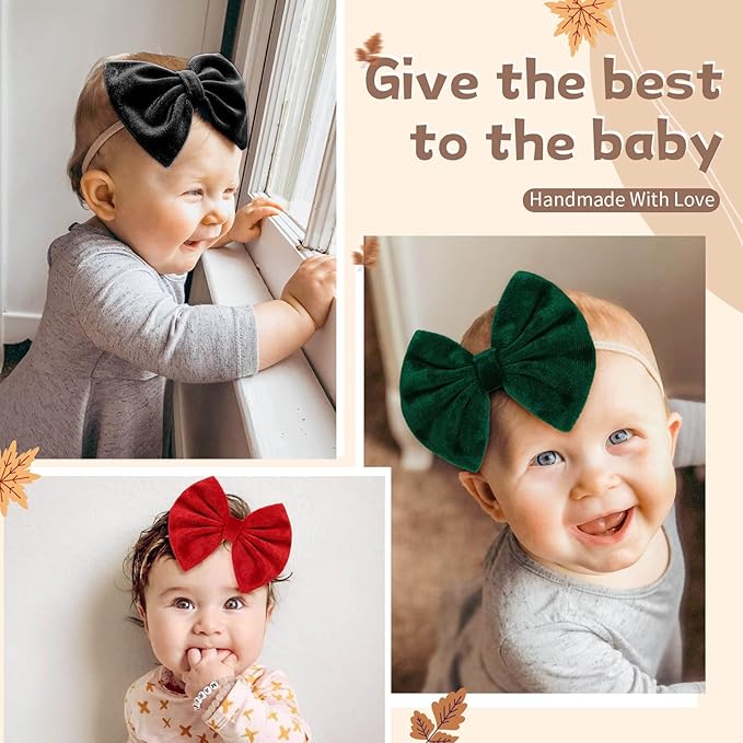 Velvet Baby Girls Headbands, Black Newborns Bows Elastic Nylon Hairbands for Infants Toddlers Hair Accessories,Pack of 3 (Black+Red+Green)