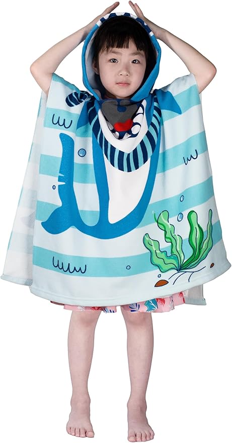 Hooded Kids Beach Towels - Toddler Bath Towel Girls Boys Swim Cover-ups for Ages 1 to 6 Kids Pool Towels Quick Dry Lightweight Soft Microfiber Poncho Towel 24x23(Shark SkyBlue)