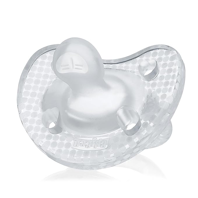 Chicco PhysioForma Luxe Orthodontic Pacifier, 0-6m | 100% Soft Silicone | Supports Breathing & Oral Development | Textured Shield & Handle | Includes Sterilizing Case | BPA Free | Crystal, 2pk