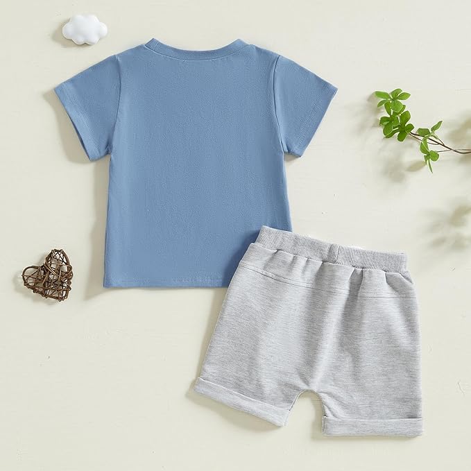 fhutpw Toddler Baby Boy Summer Clothes Tractor Letter Short Sleeve T-Shirt Tops Pockets Casual Shorts Set Infant Outfits