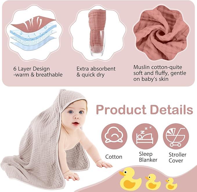 Peryiter 4 Pcs Muslin Hooded Baby Towels 32x32inch Cotton Newborn Bath Essentials Muslin Infant Blankets Absorbent Registry Baby Shower Present for Babies Girl Boy Kids (Beige Series)