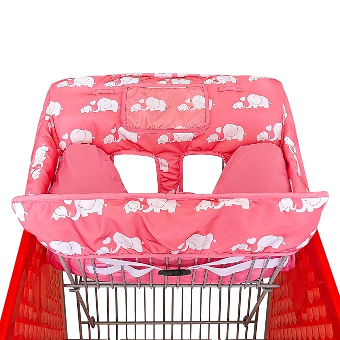 Love&go Soft Pillow Attached 2-in-1 Shopping Cart and High Chair Cover for Baby, Cotton Padded Cart Cover, Fold'n Roll Style, Portable with Carry Bag (Pink Elephant)