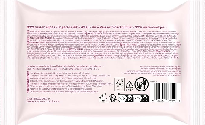 ATTITUDE Baby Water Wipes, EWG Verified, Safe for Newborns, Unscented & Fragrance-Free, 99% Water, Gentle & Hypoallergenic, Vegan & Dermatologically Tested, Travel Pack with Hard Lid, 72 Count