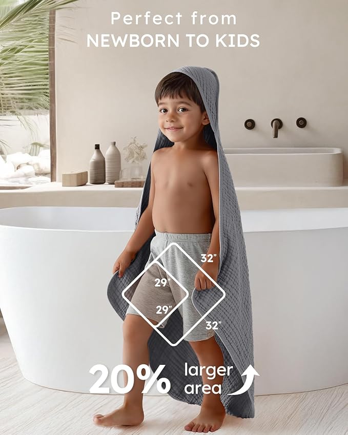 Yoofoss Hooded Baby Towels for Newborn 2 Pack 100% Muslin Organic Cotton Baby Bath Towel with Hood for Babies, Infant, Toddler and Kids, 32x32Inch, Soft and Absorbent Newborn Essential, Grey Planet