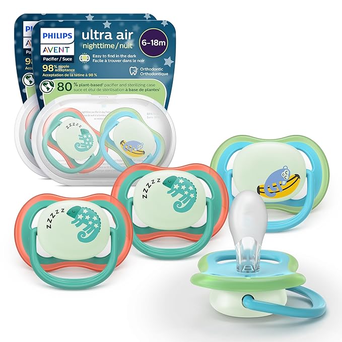 Philips Avent Ultra Air Nighttime Pacifiers - Orthodontic Design, for Babies 6-18 Months, Glow in The Dark, Soft Silicone Symmetrical Nipple, BPA-Free, with 2 Sterilizing Cases, 48 Pack, SCF376/36