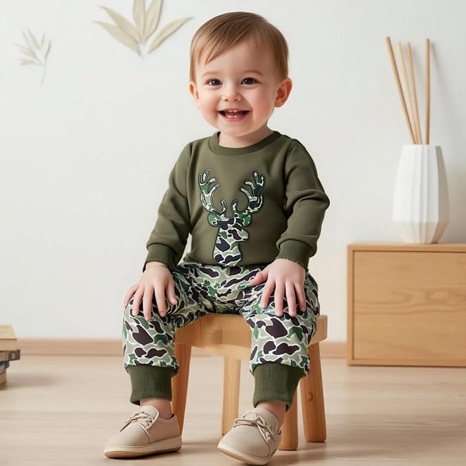 Muineobuka Toddler Baby Boy Hunting Clothes Reindeer Embroidery Sweatshirt and Camouflage Pants Outfits Baby Camo Clothing