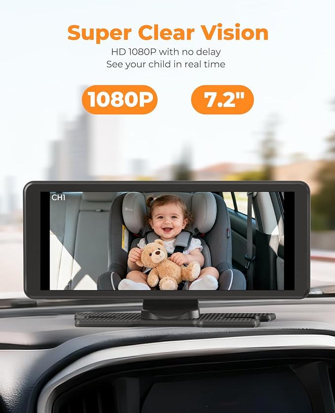 BM5PRO 7.2" 1080P HD Baby Car Camera for 2 Kids, Split Screen with IR Night Vision, Easy to Install & Adjust Brightness, Dual Car Camera Baby Monitor for Rear Seat Safety