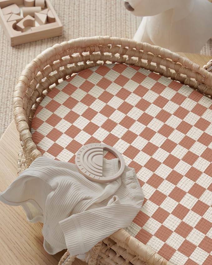 Blissful Diary Muslin Bassinet Sheets for Baby Girls Boys, Boho Soft Cotton Fitted for Oval Hourglass Rectangle Mattress, 2 Pack(Brown Checkboard & Brown)