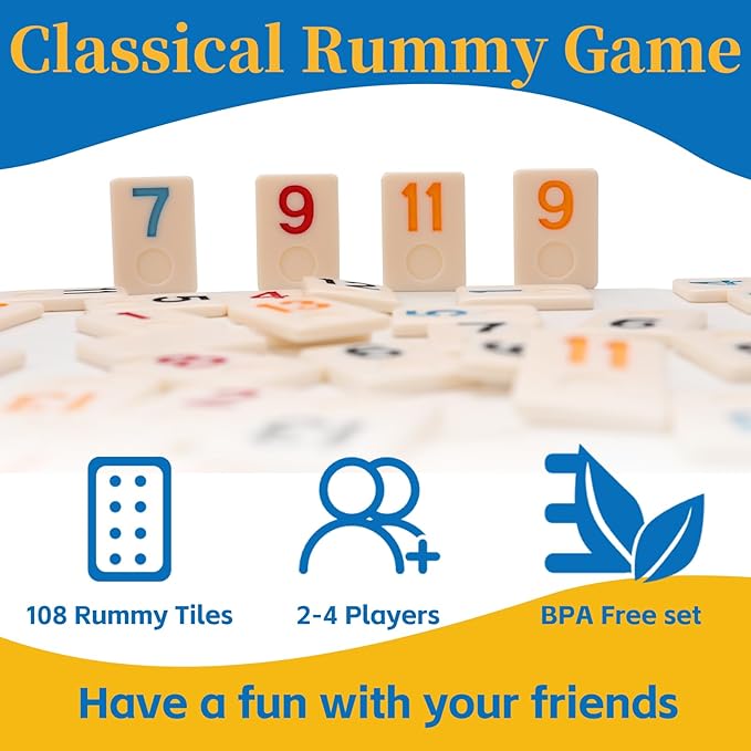 Upgraded Rummy Cube Game Set 4 Players, Travel Family Board Game for Adults and Kids Age 8+,Birthday Gifts for Women Men Dad Mom （108 Tiles+4 Racks ）