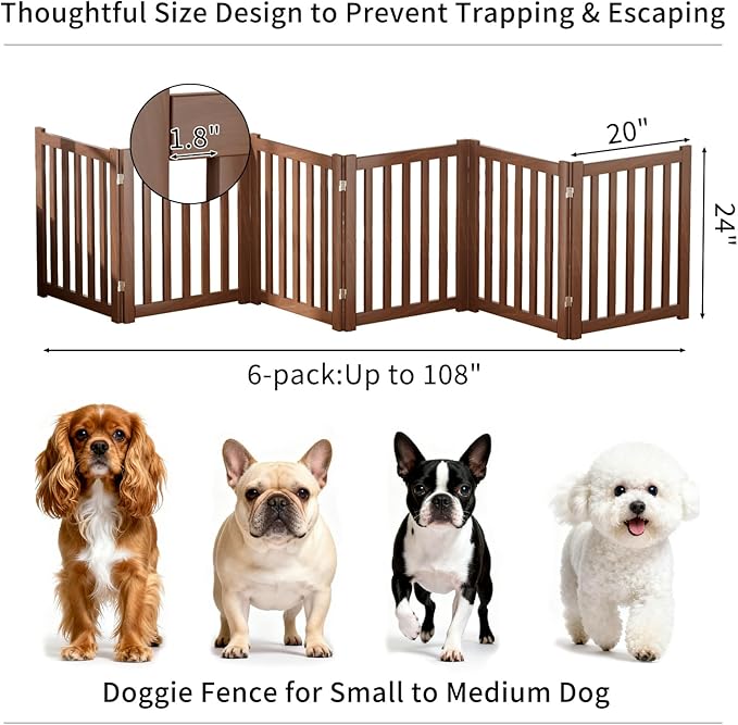 6-Panel Solid Wood Dog Gate - Freestanding Folding Pet Gate for Doorways, Stairs, Indoor, 24" Height, No Installation Needed, Walnut