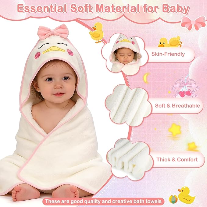 4 PCS Baby Towels Set, Soft Baby Towels and Washcloths Set, 1 Hooded Baby Towel and 3 Baby Washcloths for Newborns, Toddlers, and Kids, 32x32 Baby Towel with Hood for Boy and Girl (Pink Duck)