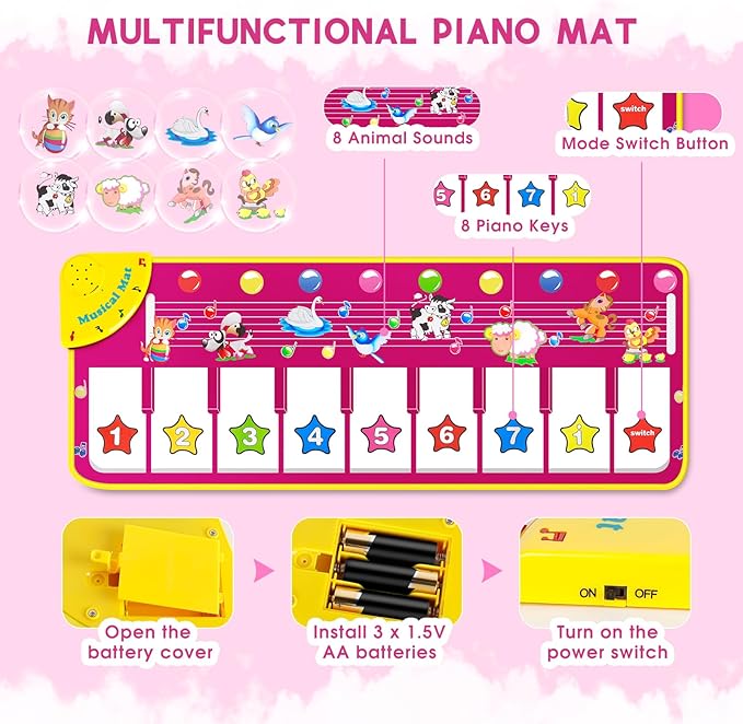 M SANMERSEN Floor Piano Mat, Toddler Toys Musical Mat, Keyboard Floor Playmat 39.5" Electronic Music Animal Touch Play Blanket Funny Xmas Gift Toy for 1 2 3 Year Old